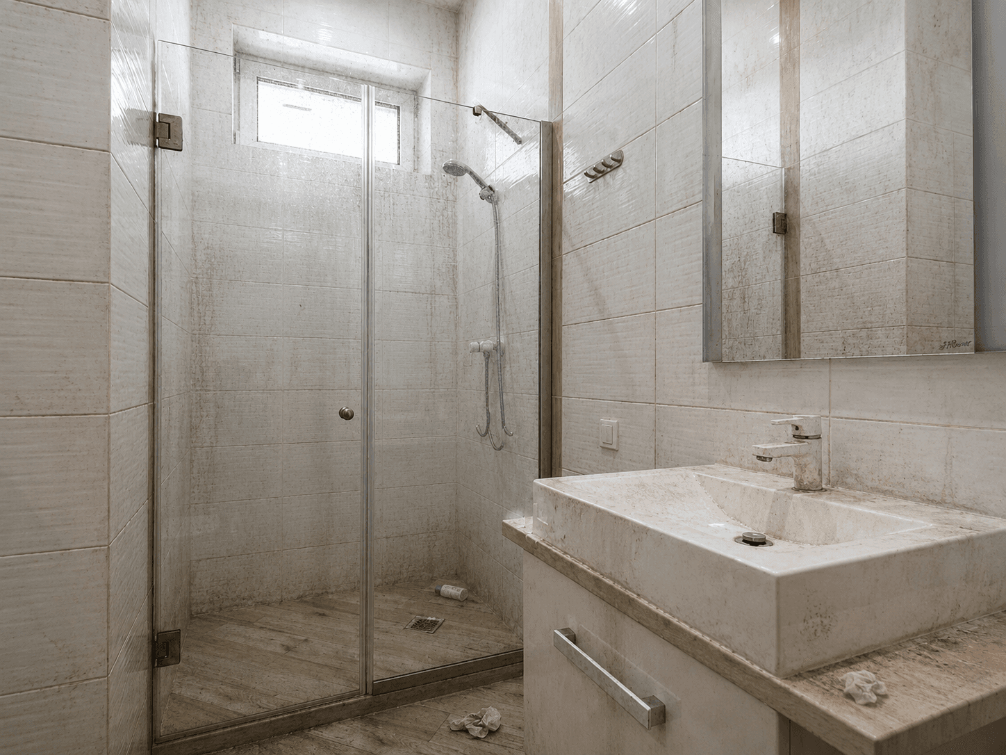 Bathroom shower screen clouded with limescale
