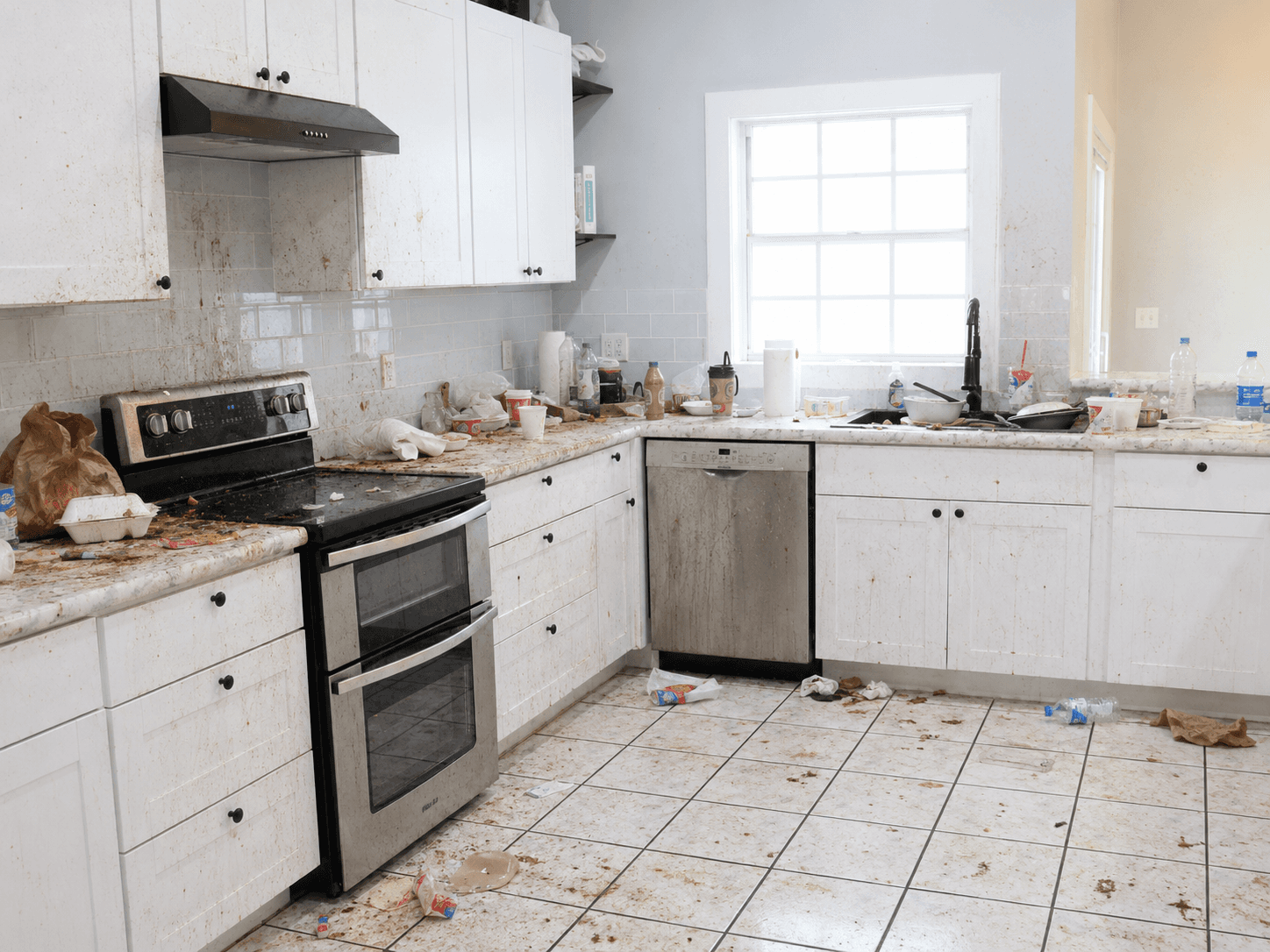 Kitchen worktop before a deep clean, cluttered and grimy